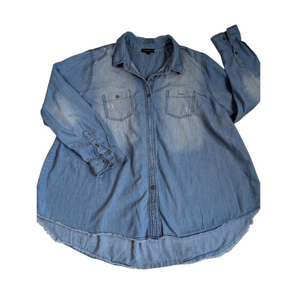 Lane Bryant Denim Chambray Shirt Womens Sz 20 Cotton Blue Distressed Frayed Hem - Picture 1 of 14